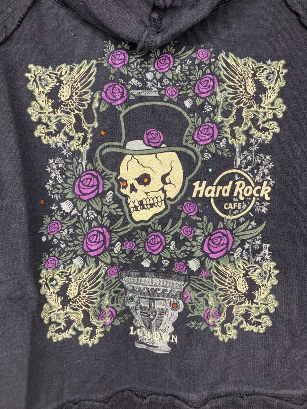 Hard Rock Cafe London Full Zip Hoodie Women's Large Black Skull Rose Y2K - Picture 12 of 13